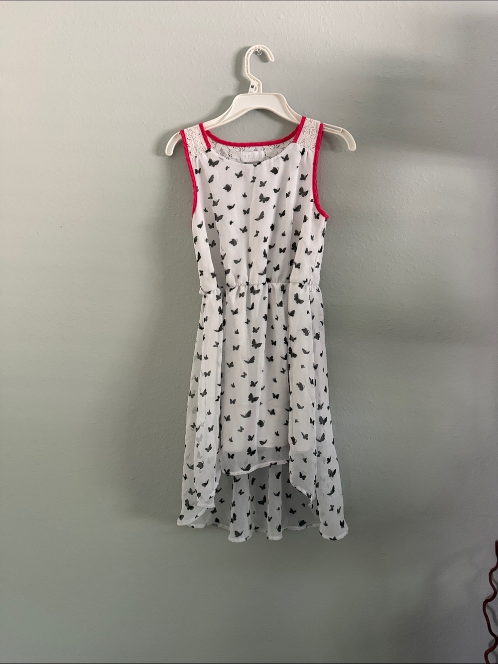 Guess White Butterfly High-Low Dress with Pink Trim